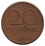 Монета 20 пфеннигов. 1972 год, ГДР. Монета 20 пфеннигов. 1972 год, ГДР.