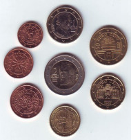 Набор монет евро (8 штук). 2002 год, Австрия. Набор монет евро (8 штук). 2002 год, Австрия.