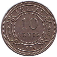 Монета 10 центов. 1974 год, Белиз. Монета 10 центов. 1974 год, Белиз.