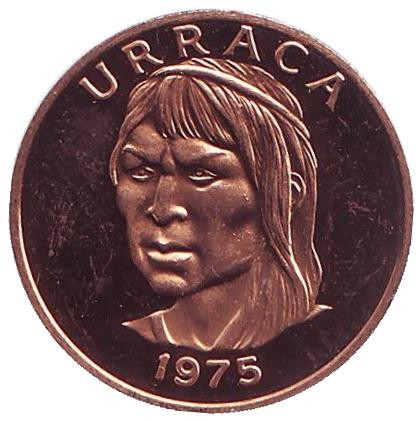 Монета 1 сентесимо. 1975 год, Панама. Уррака. Вождь гуайми.