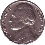 Монета 5 центов. 1980 год (P), США. Джефферсон. Монтичелло. Монета 5 центов. 1980 год (P), США. Джефферсон. Монтичелло.