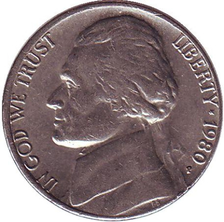 Монета 5 центов. 1980 год (P), США. Джефферсон. Монтичелло.