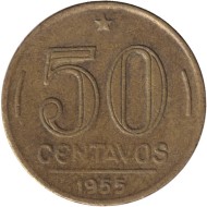 Монета 50 сентаво. 1955 год, Бразилия. Эурику Гаспар Дутра. Монета 50 сентаво. 1955 год, Бразилия. Эурику Гаспар Дутра.