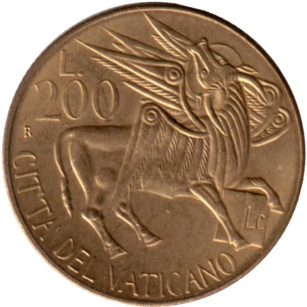 Монета 200 лир. 1985 год, Ватикан. Крылатый бык с евангелием от Луки.