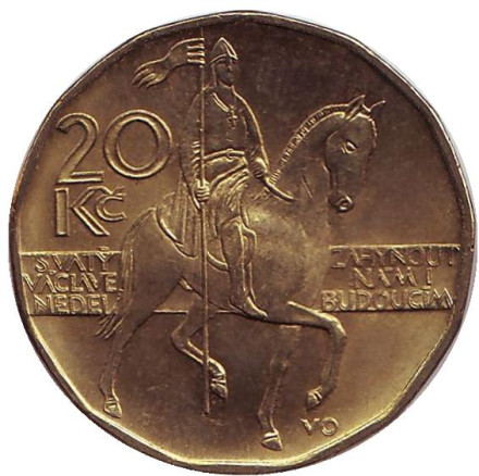 Монета 20 крон. 2015 год, Чехия. Из обращения. Всадник (Святой Вацлав).
