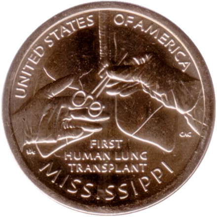 Монета 1 доллар. 2023 год (P), США. Первая трансплантация легких человеку. Серия "Американские инновации".