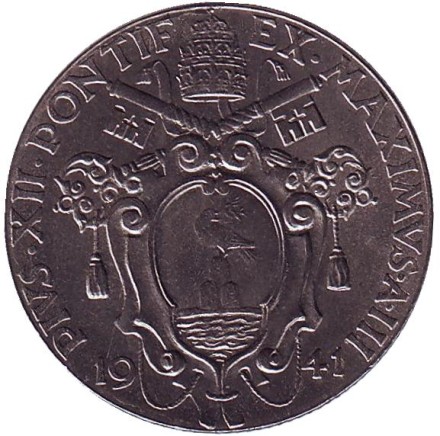 Монета 1 лира. 1941 год, Ватикан.