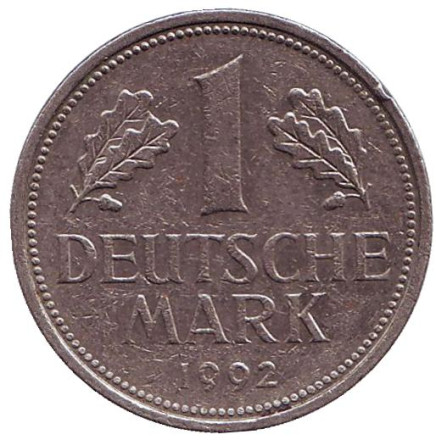 Монета 1 марка. 1992 год (D), ФРГ. Из обращения.