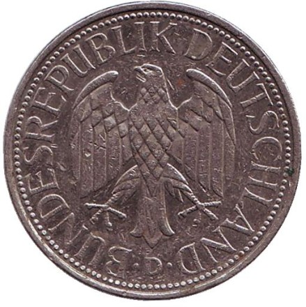 Монета 1 марка. 1992 год (D), ФРГ. Монета 1 марка. 1992 год (D), ФРГ.