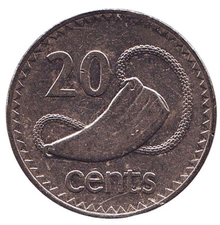 Монета 20 центов. 1994 год, Фиджи. Культовый атрибут Tabua (зуб кита) на плетеном шнурке.