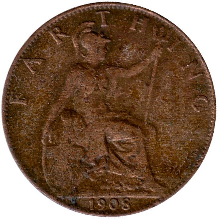 Монета 1 фартинг. 1908 год, Великобритания.