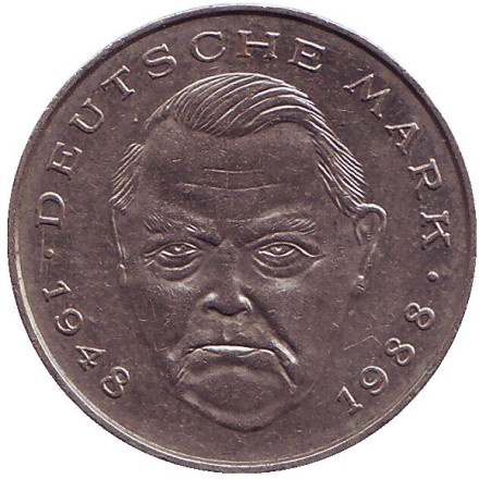 Монета 2 марки. 1989 год (J), ФРГ. Людвиг Эрхард.