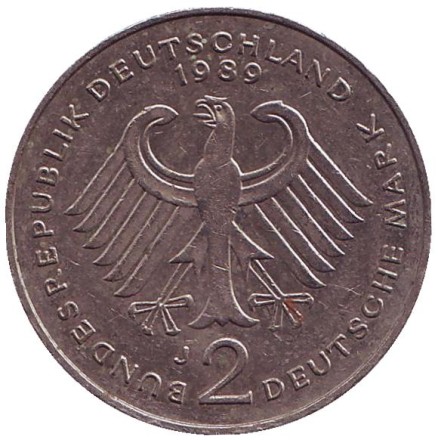 Монета 2 марки. 1989 год (J), ФРГ. Людвиг Эрхард. Монета 2 марки. 1989 год (J), ФРГ. Людвиг Эрхард.