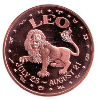Лев. "Знаки зодиака." Монетовидный жетон. Унция меди 999. США.  Лев. "Знаки зодиака." Монетовидный жетон. Унция меди 999. США.
