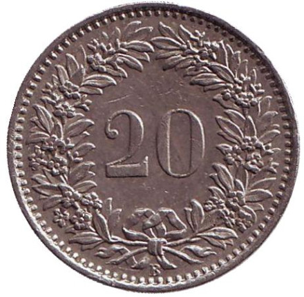 Монета 20 раппенов. 1968 год, Швейцария.