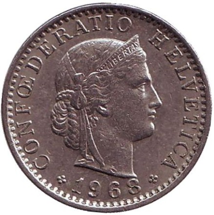 Монета 20 раппенов. 1968 год, Швейцария. Монета 20 раппенов. 1968 год, Швейцария.