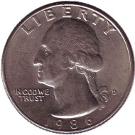 Монета 25 центов. 1986 (D) год, США. Вашингтон. Монета 25 центов. 1986 (D) год, США. Вашингтон.