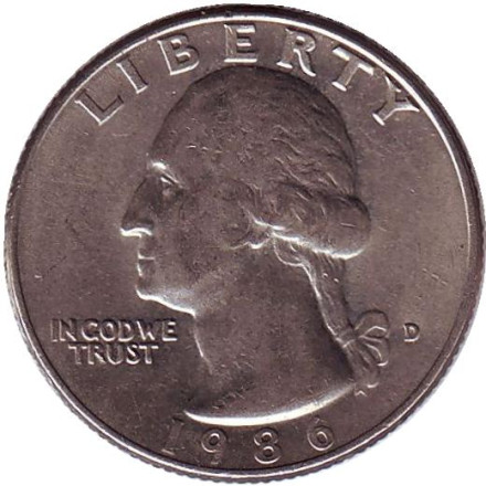 Монета 25 центов. 1986 (D) год, США. Вашингтон.