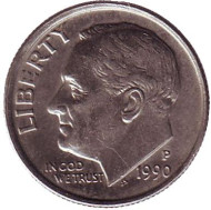 Монета 10 центов. 1990 (P) год, США. Рузвельт. Монета 10 центов. 1990 (P) год, США. Рузвельт.
