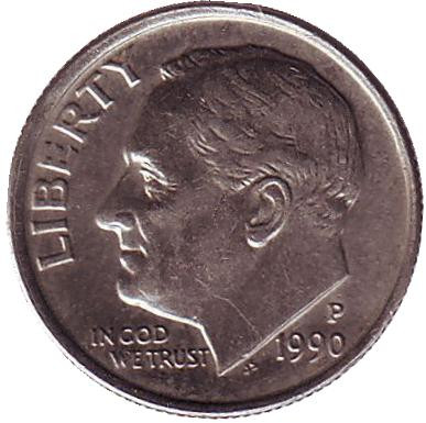 Монета 10 центов. 1990 (P) год, США. Рузвельт.