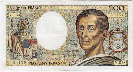 Банкнота 200 франков. 1988 год, Франция. Шарль Луи де Монтескье.