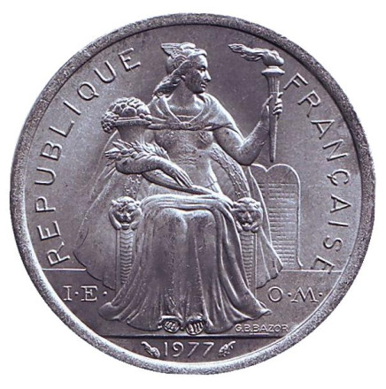 Монета 2 франка. 1977 год, Новая Каледония. UNC. Птица кагу.