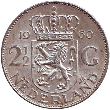 Монета 2,5 гульдена. 1960 год, Нидерланды.