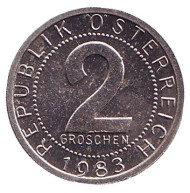 Монета 2 гроша. 1983 год, Австрия. Монета 2 гроша. 1983 год, Австрия.
