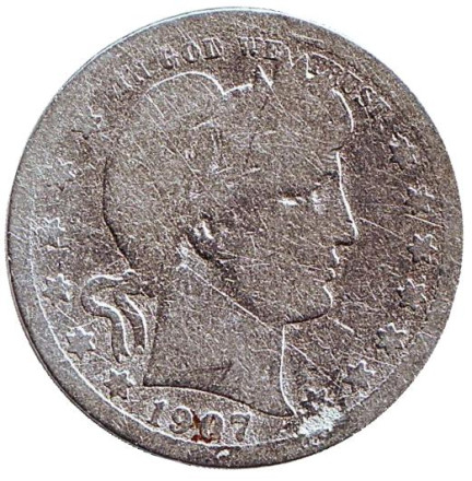 Монета 25 центов. 1907 год, США. (Без отметки монетного двора) "Четверть доллара Барбера".