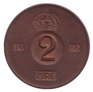 Монета 2 эре. 1966 год, Швеция. Монета 2 эре. 1966 год, Швеция.
