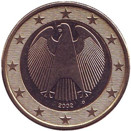 Монета 1 евро. 2002 год (D), Германия.