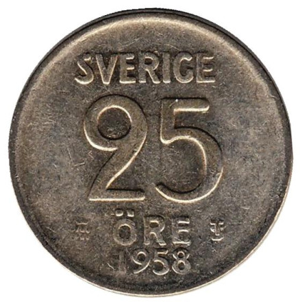 Монета 25 эре. 1958 год, Швеция.