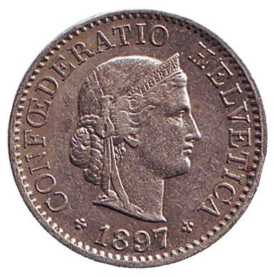 Монета 5 раппенов. 1897 год, Швейцария. Монета 5 раппенов. 1897 год, Швейцария.