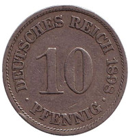 Монета 10 пфеннигов. 1898 год (A), Германская империя. Монета 10 пфеннигов. 1898 год (A), Германская империя.