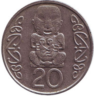 Монета 20 центов. 1990 год, Новая Зеландия. Божок. Монета 20 центов. 1990 год, Новая Зеландия. Божок.