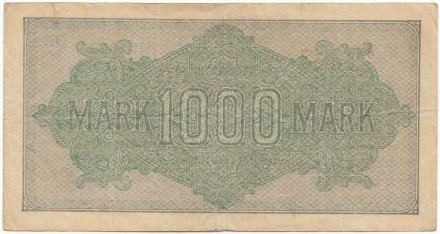 Рейхсбанкнота 1000 марок. 1922 год, Веймарская республика. Белая бумага. Водяной знак - четырёхлистник. Серийный номер - Две буквы, шесть цифр (красные,большие), звёздочка, две буквы. P-76k. 