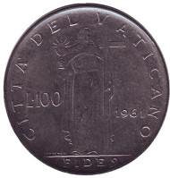Монета 100 лир. 1961 год, Ватикан. Фигура Веры с крестом. Монета 100 лир. 1961 год, Ватикан. Фигура Веры с крестом.