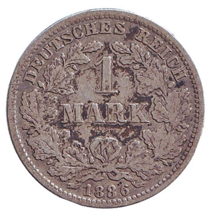Монета 1 марка. 1886 год (D), Германская империя.