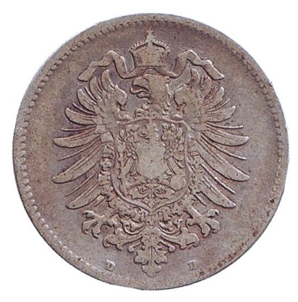 Монета 1 марка. 1886 год (D), Германская империя. Монета 1 марка. 1886 год (D), Германская империя.