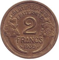 Монета 2 франка. 1939 год, Франция.  Монета 2 франка. 1939 год, Франция.