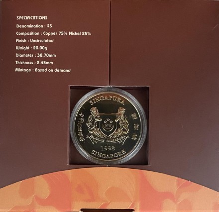 Монета 5 долларов. 1998 год, Сингапур. Благотворительная деятельность в Сингапуре.