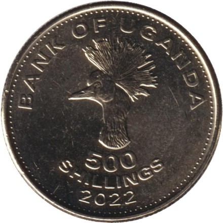 Монета 500 шиллингов. 2022 год, Уганда. Восточный венценосный журавль. Монета 500 шиллингов. 2022 год, Уганда. Восточный венценосный журавль.