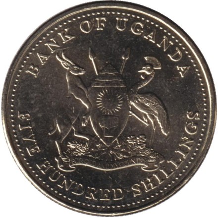 Монета 500 шиллингов. 2022 год, Уганда. Восточный венценосный журавль. Монета 500 шиллингов. 2022 год, Уганда. Восточный венценосный журавль.