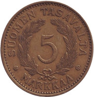 Монета 5 марок. 1933 год, Финляндия. Монета 5 марок. 1933 год, Финляндия.