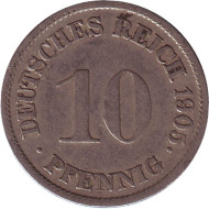 Монета 10 пфеннигов. 1905 год (G), Германская империя. Нечастая. Монета 10 пфеннигов. 1905 год (G), Германская империя. Нечастая.