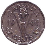 Монета 5 центов. 1944 год, Канада. Монета 5 центов. 1944 год, Канада.