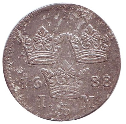 Монета 1 марка. 1688 год, Швеция. Карл XI. Монета 1 марка. 1688 год, Швеция. Карл XI.