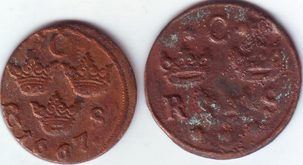 Набор из 2 монет номиналами 1/6 и 1/4 эре. 1634-1667 гг., Швеция.