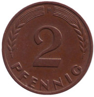 Монета 2 пфеннига. 1958 год (F), ФРГ. Дубовые листья. Монета 2 пфеннига. 1958 год (F), ФРГ. Дубовые листья.