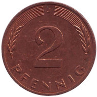 Монета 2 пфеннига. 1981 год (J), ФРГ. Дубовые листья. Монета 2 пфеннига. 1981 год (J), ФРГ. Дубовые листья.
